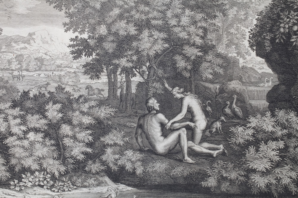 The Four Seasons: The Spring - engraving by Audran: Adam and Eve